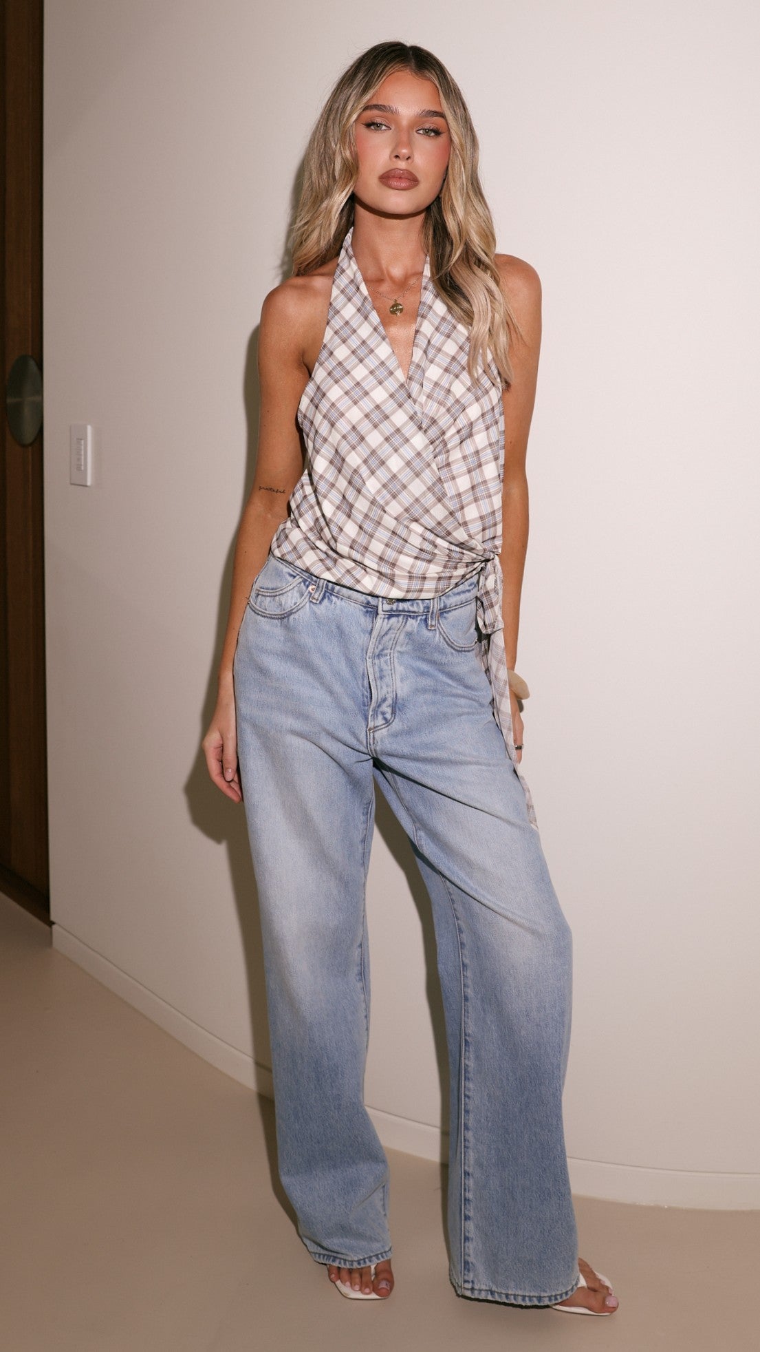 Belle Halter Neck Top - Neutral Check