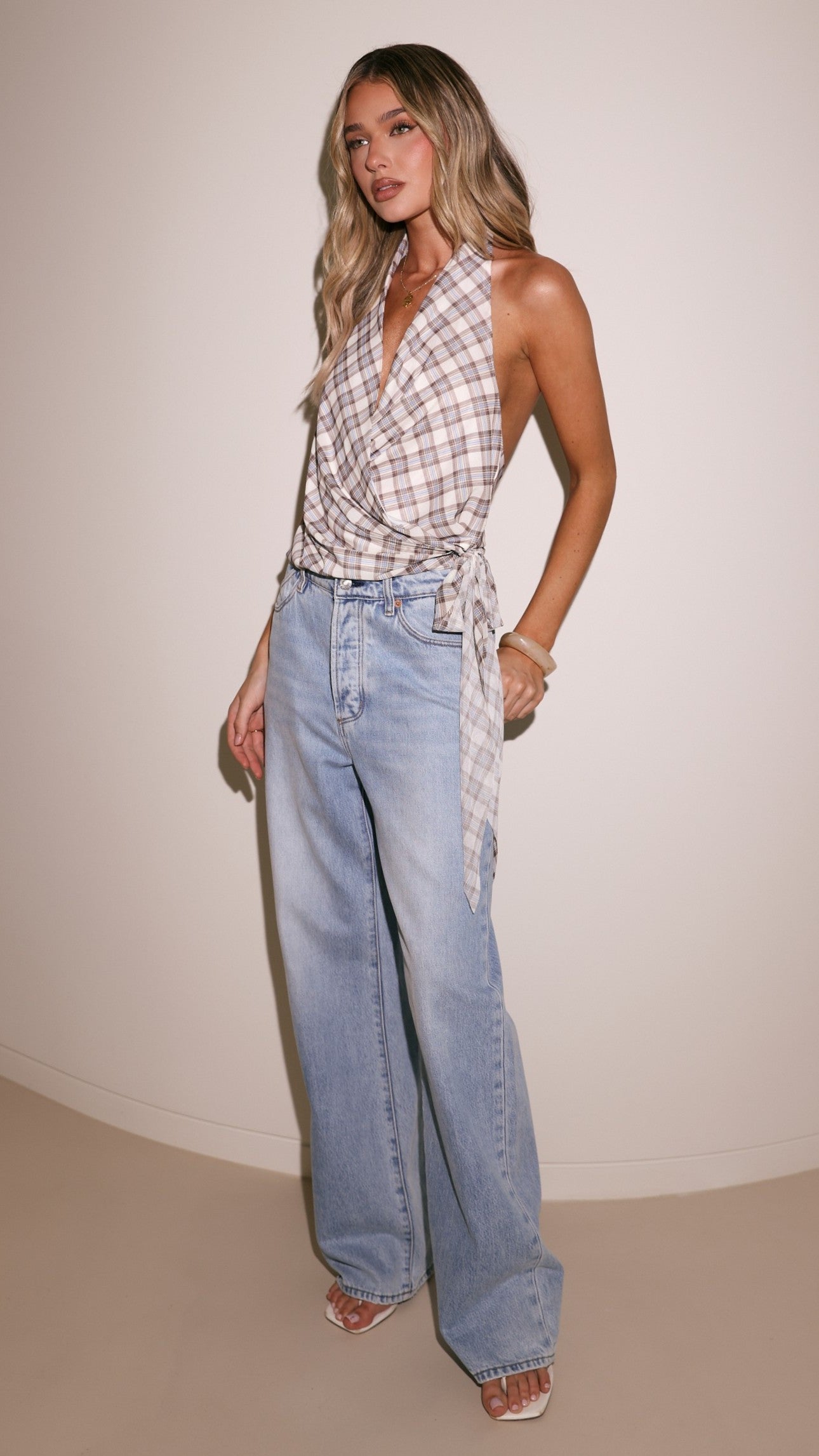 Belle Halter Neck Top - Neutral Check