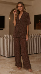 Ashleigh Sheer Shirt and Pants Set - Brown Polka