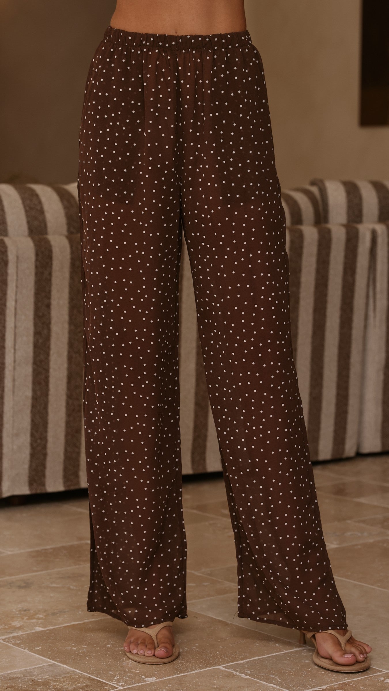 Ashleigh Sheer Shirt and Pants Set - Brown Polka