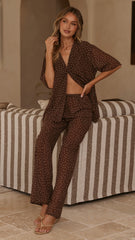 Ashleigh Sheer Shirt and Pants Set - Brown Polka