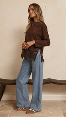 Alina Lace Trim Top - Chocolate