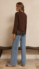 Alina Lace Trim Top - Chocolate