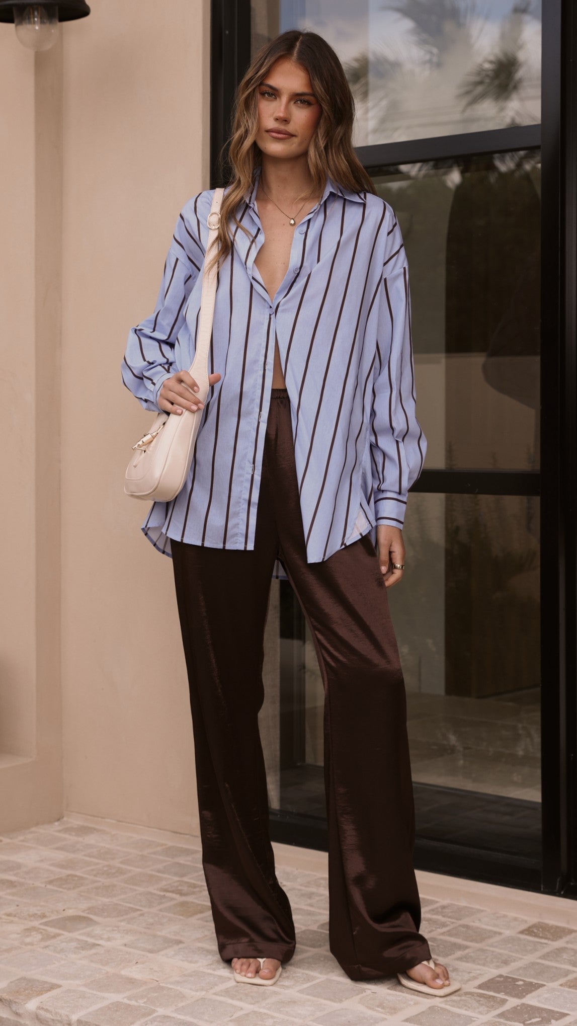 Arli Button Up Shirt - Blue/Brown Stripe