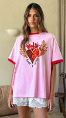 Amor E Sorte Oversized Tee - Pink/Red