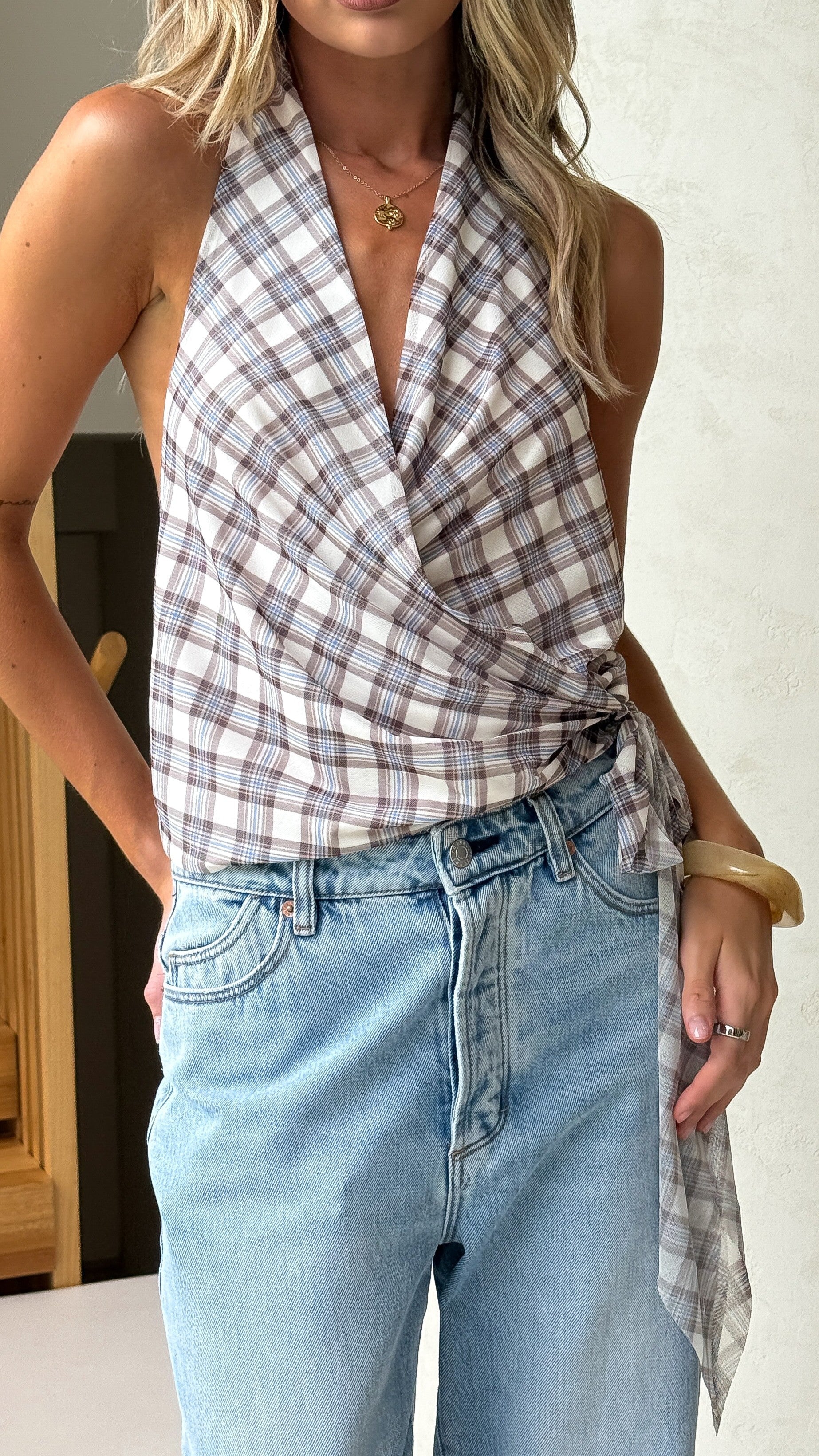 Belle Halter Neck Top - Neutral Check